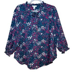 Carolina Belle Blouse 1X Green Red Floral Ruffle Neck Feminine Boho‎ Romantic